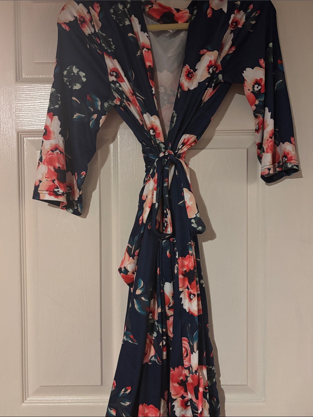 Amazon Navy Floral Tie-Waist Robe with Coral and White Blooms